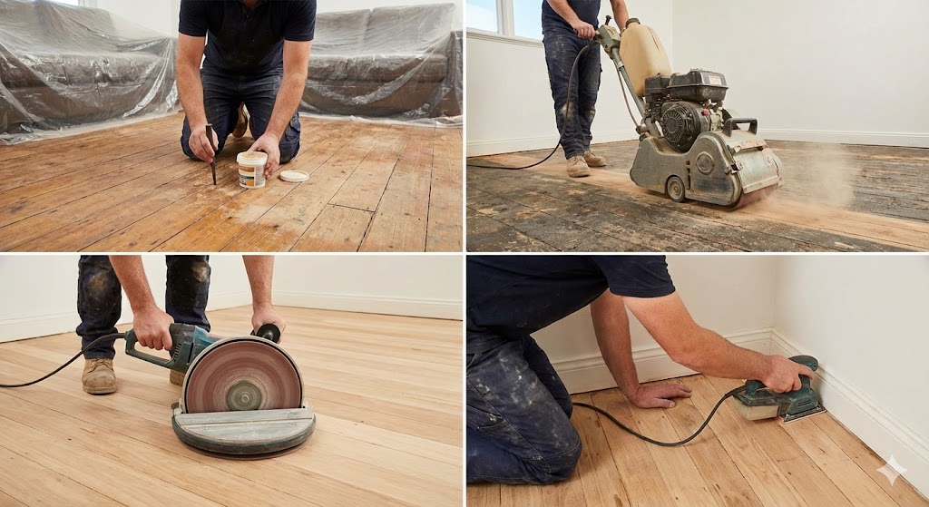 Damaged timber floor before sanding